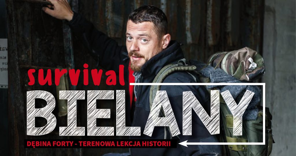 Portret instrukturowa survivalu Łukasza Tuleja patrzącego z obiektyw aparatu. Na dole napis: Survival Bielany. Dębina Forty - terenowa lekcja historii