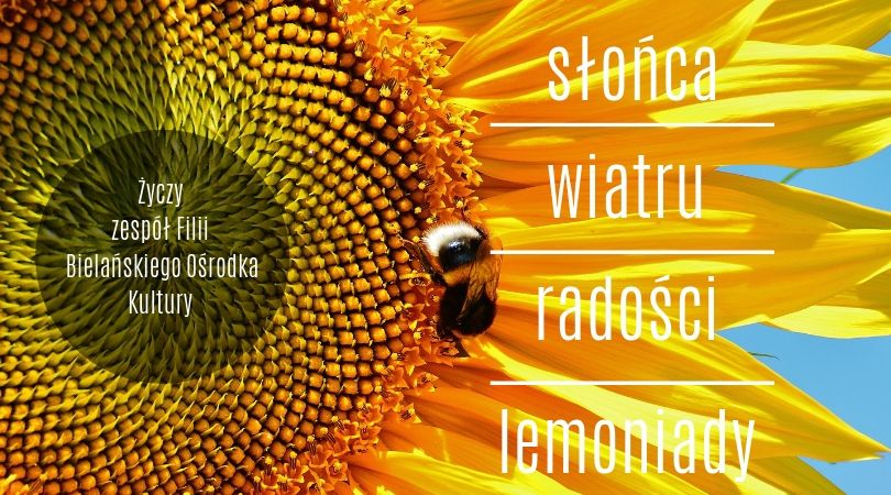 Zdjęcie pszczoły zbierającej pyłek ze słonecznika (zbliżenie). Jasne, świetliste, żywe kolory. Po prawej stronie napis: słońca, wiatru, radości, lemoniady. Po lewej: życzy zespół Filii Bielańskiego Ośrodka Kultury