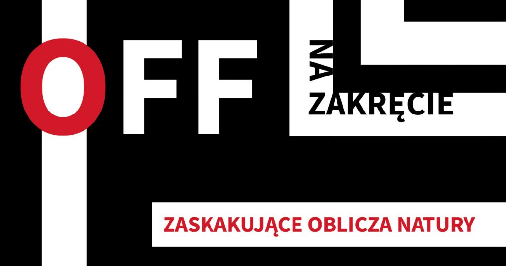 Logo projektu Off na zakręcie - odcinek: Zaskakujące oblicza natury, graficzny motyw w kolorach czarno-biało-czerwonym