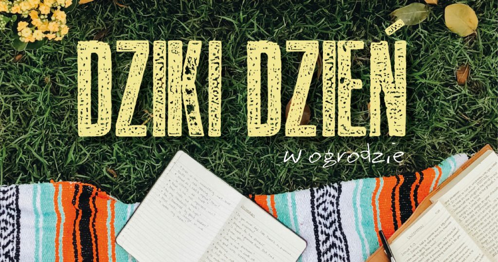 Napis "Dziki dzień w ogrodzie" na tle trawy. Na dole otwarte notatniki leżące na dywaniku