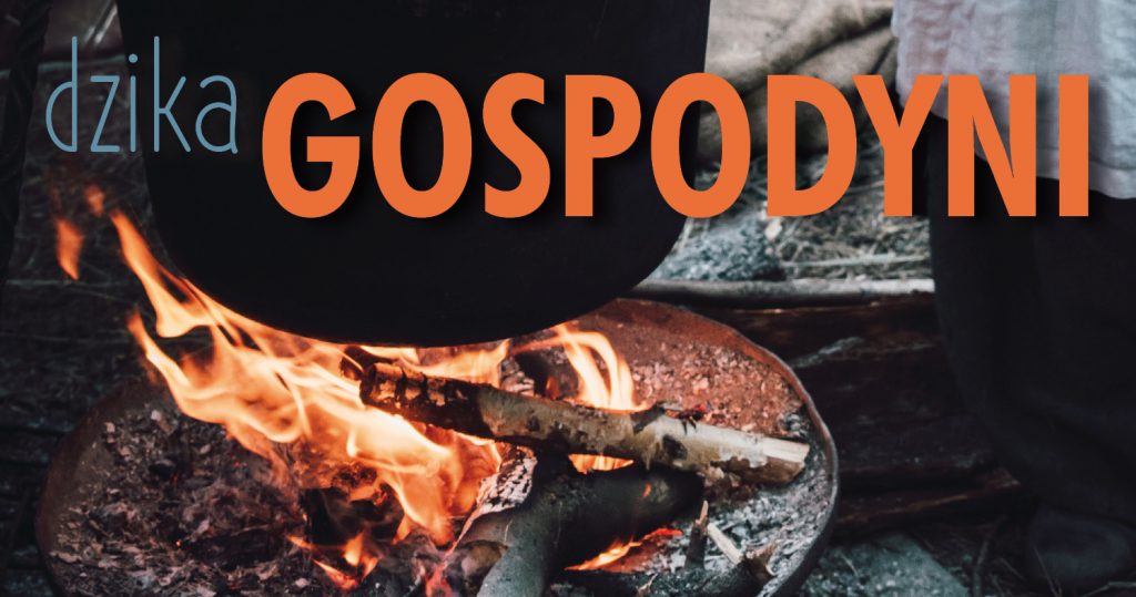 Zdjęcie kociołka nad płonącym paleniskiem, napis: dzika gospodyni
