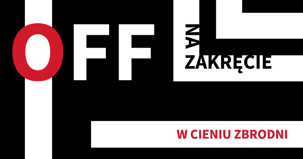 Logo projektu Off na zakręcie - odcinek:W cieniu zbrodni, graficzny motyw w kolorach czarno-biało-czerwonym