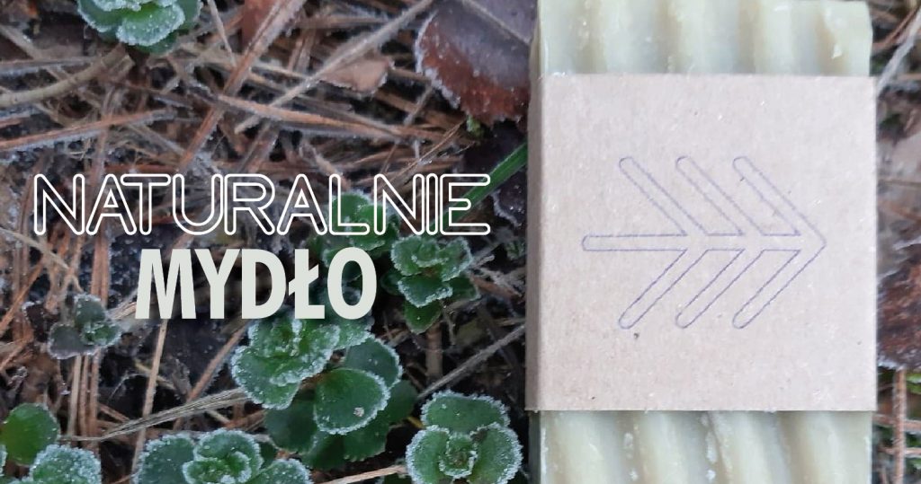 Zdjęcie oszronionych roślin - zbliżenie na listki i źdźbła trawy. Po prawej stronie mydełki DIY z tekturce z rysunkiem strzałki. Po lewej napis: Naturalne mydło
