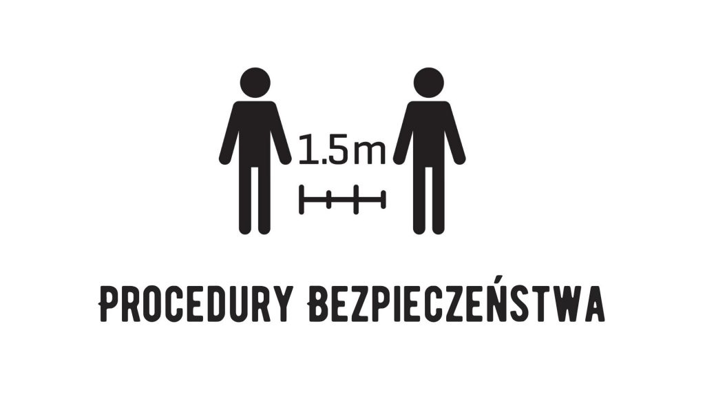 Czarno-biała grafika przedstawiająca dwie sylwetki w odległości 1,5 m od siebie. Na dole napis: Procedury bezpieczeństwa