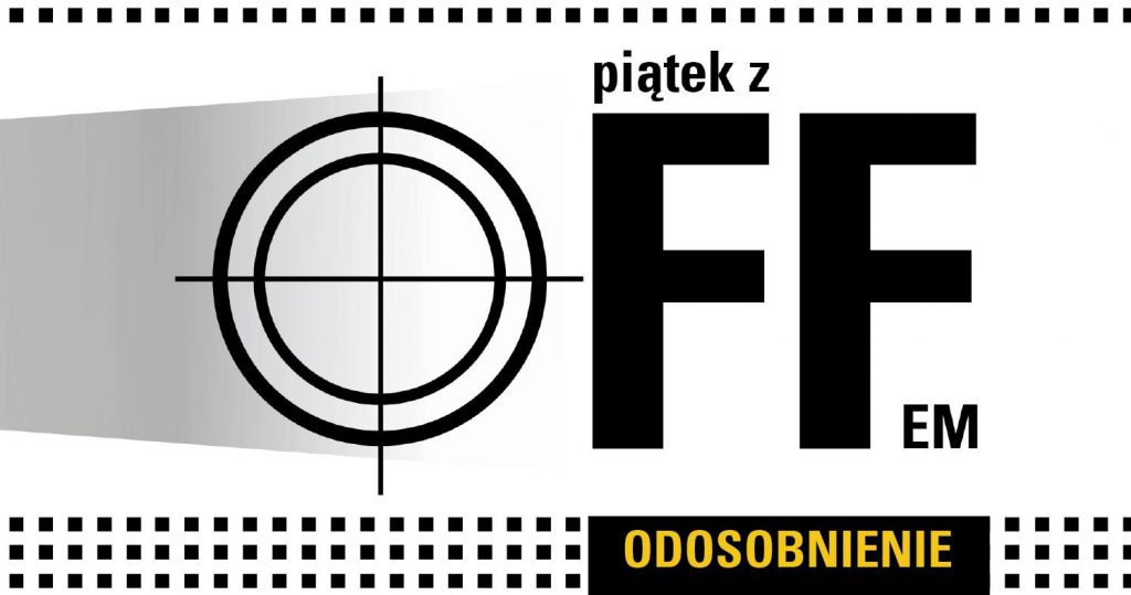 Plakat Piątek z Offem - Odosobienienie. Czarno-biała grafik z rządami małych kwadracików na górze i na dole. Litera "O" przypomina celownik