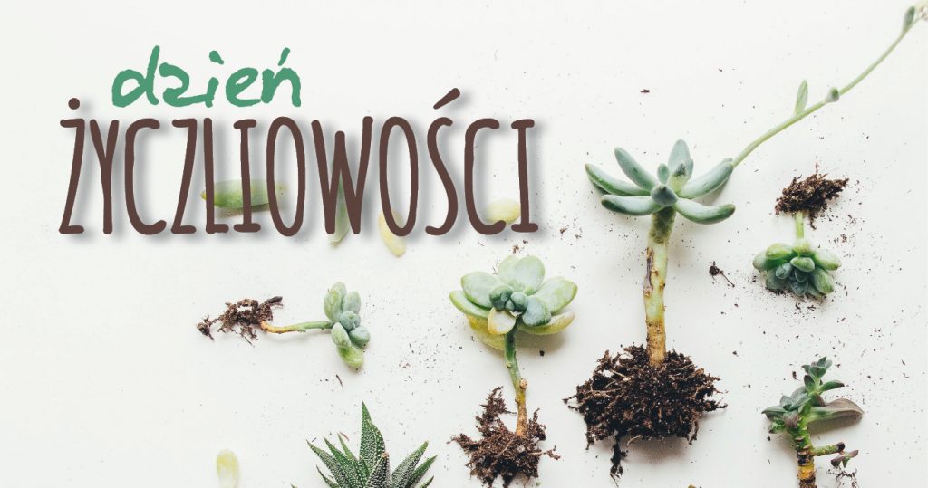 Na białym tle widać sadzonki różnych sukulentów. Po lewej stronie widnieje napis: Dzień życzliwości